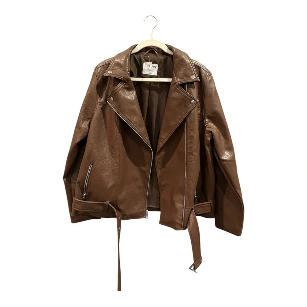 Old Navy Espresso Faux Leather Belted Biker Jacket XL - Picture 5 of 13